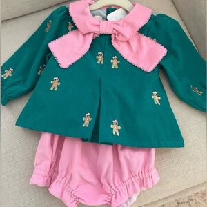 NWT Smocked Flamingo corduroy gingerbread diaper set